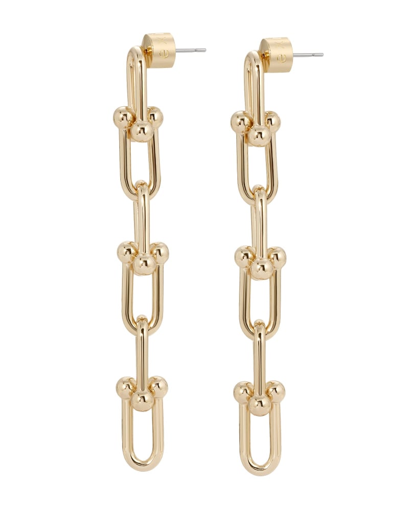 Front of a size one-size-fits-all Margaux 6"Link Drop Earrings Gold in Gold by Eklexic. | dia_product_style_image_id:282987